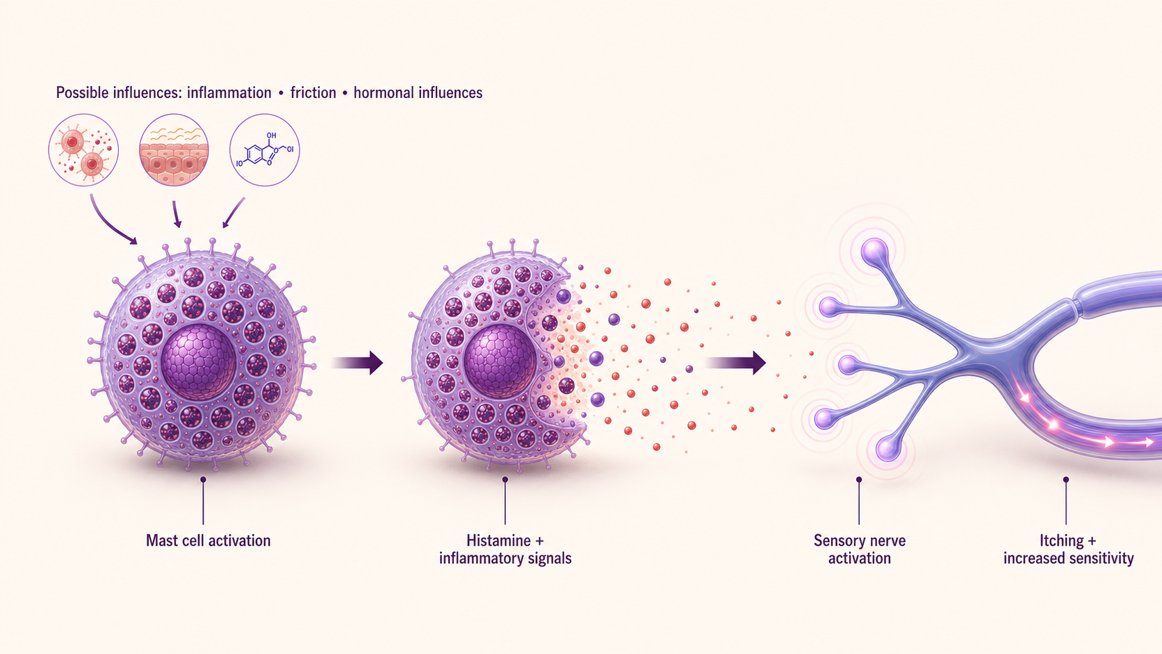 Mast cell activation releases histamine and inflammatory signals that activate a sensory nerve, contributing to itching and increased sensitivity