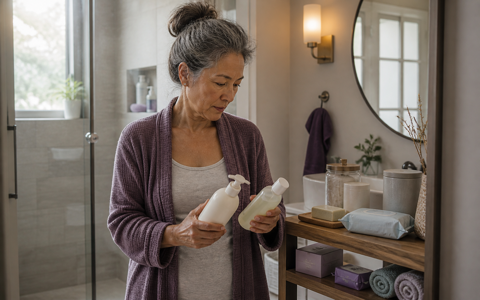 Woman comparing unbranded personal care products during her bathroom routine