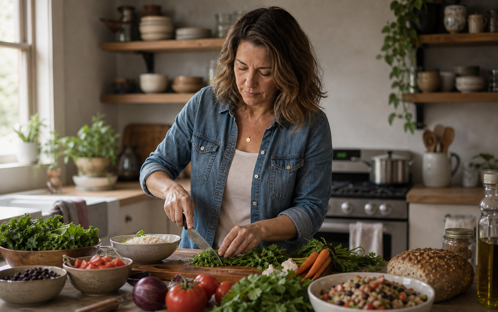 Woman preparing a varied meal with ordinary whole-food ingredients