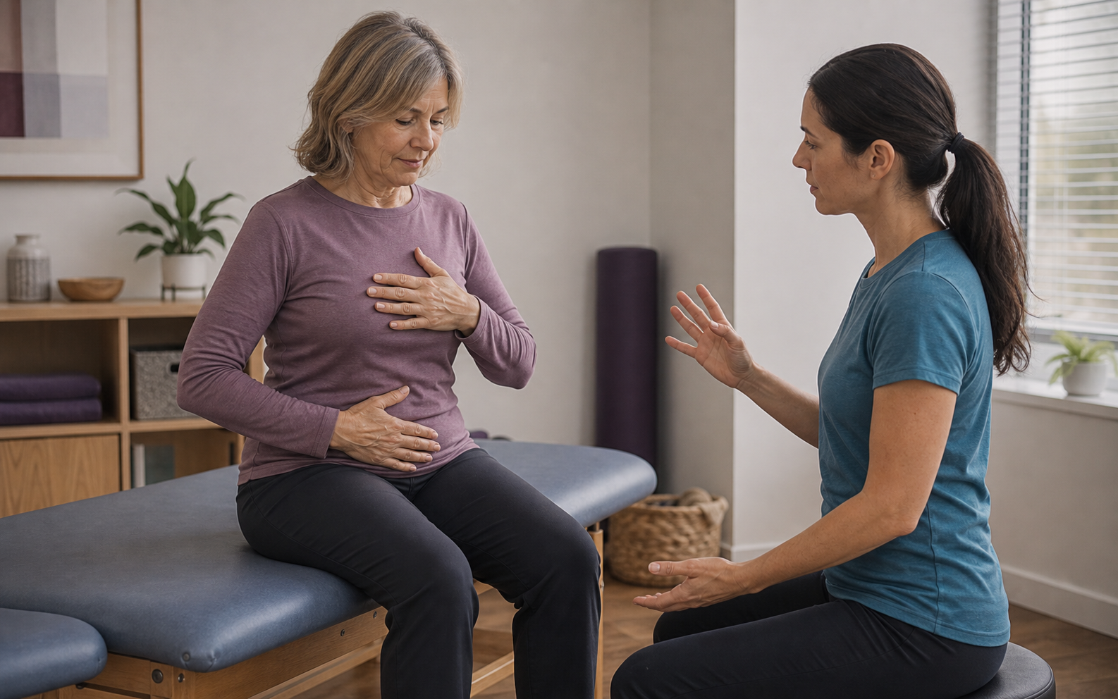 Woman practicing guided breathing with a female pelvic floor physical therapist