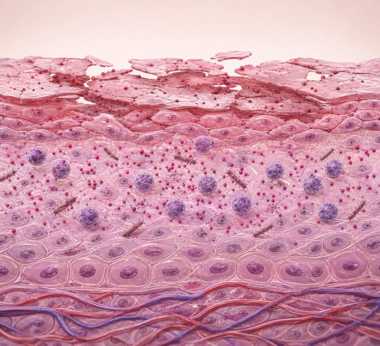 Conceptual illustration of a fragile tissue environment with increased inflammation, inflammatory signaling, and oxidative stress