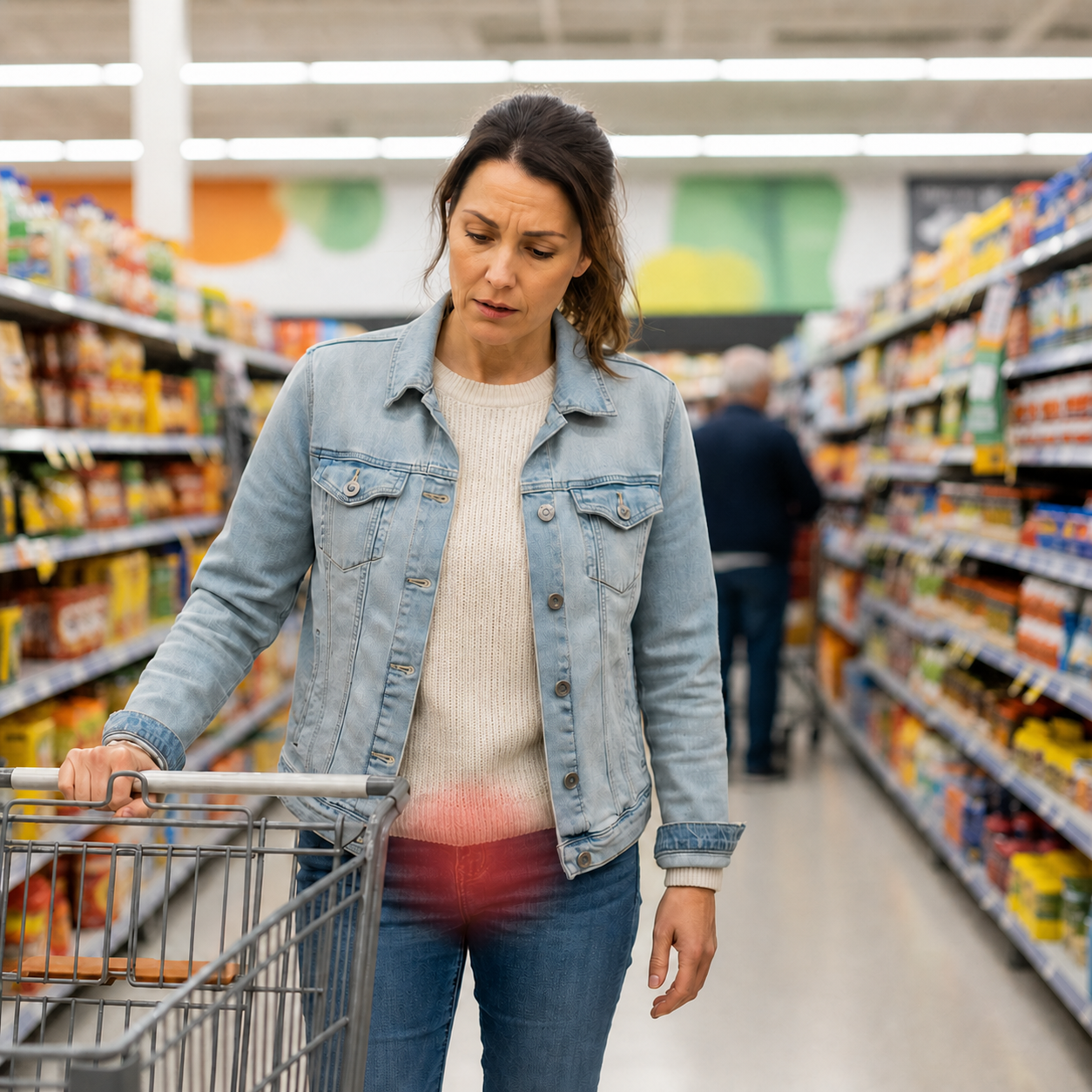 Woman managing lichen sclerosus discomfort while grocery shopping