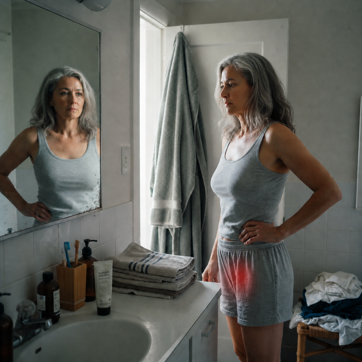 Woman navigating a morning routine with lichen sclerosus discomfort