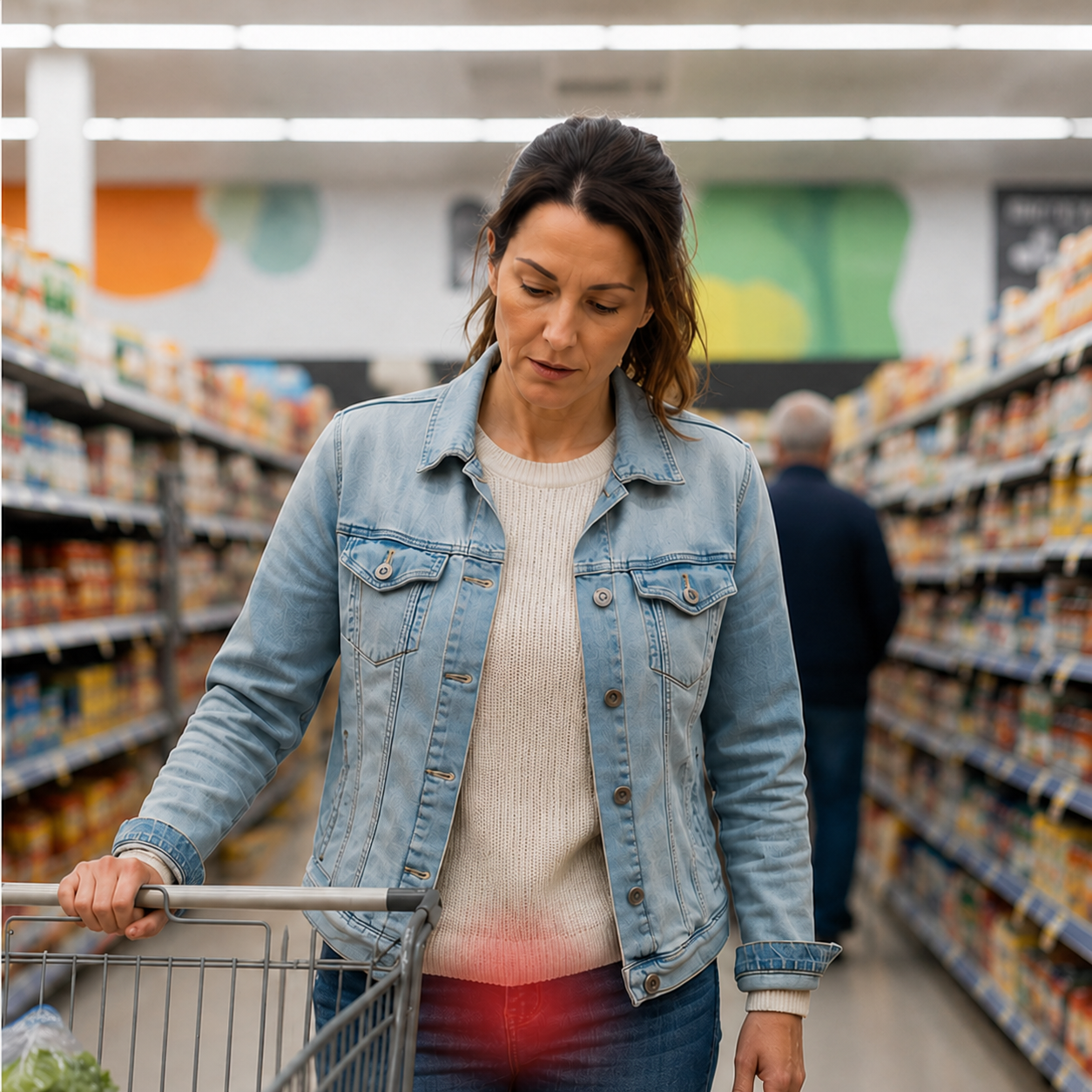 Woman experiencing lichen sclerosus discomfort while shopping