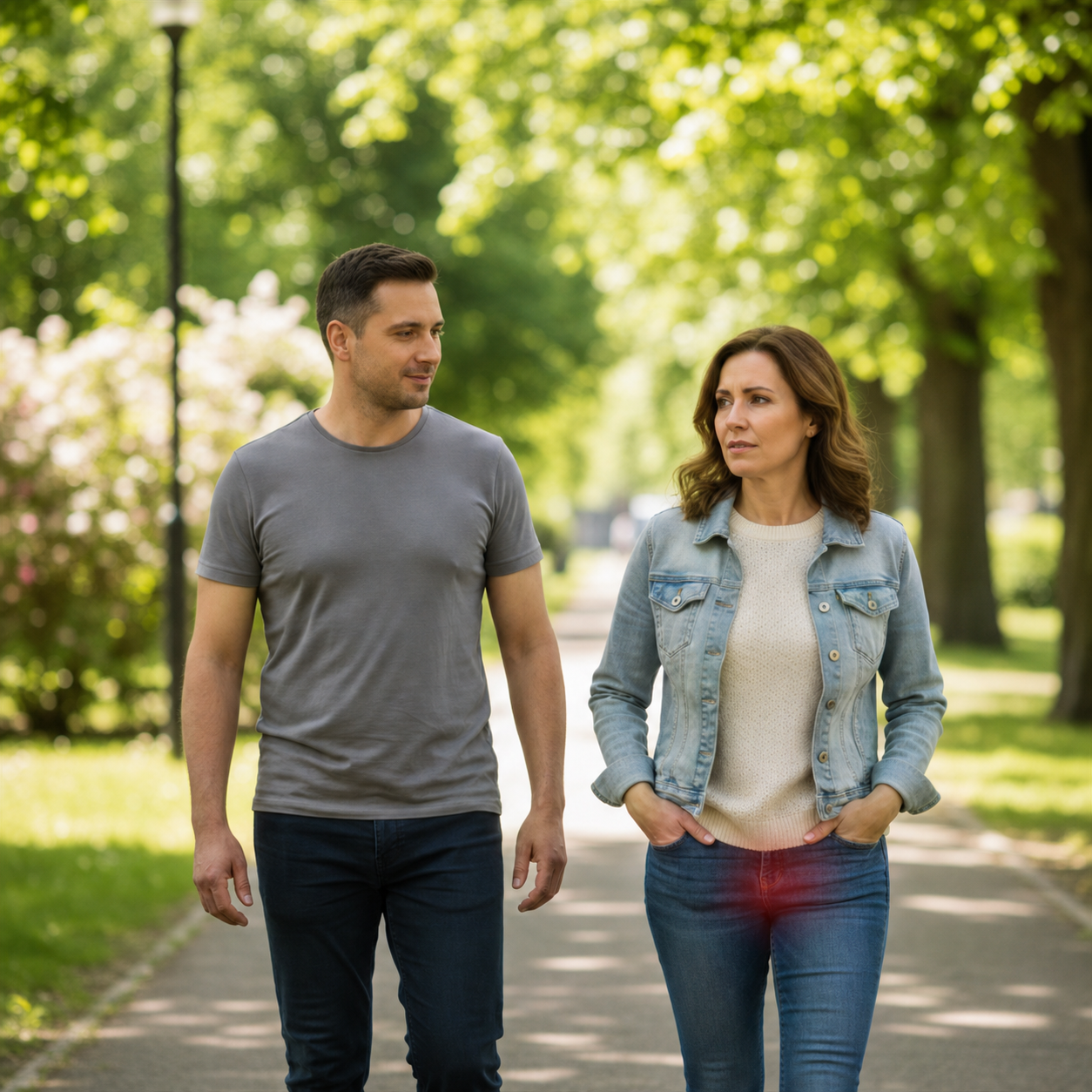 Woman walking with her partner while managing lichen sclerosus discomfort
