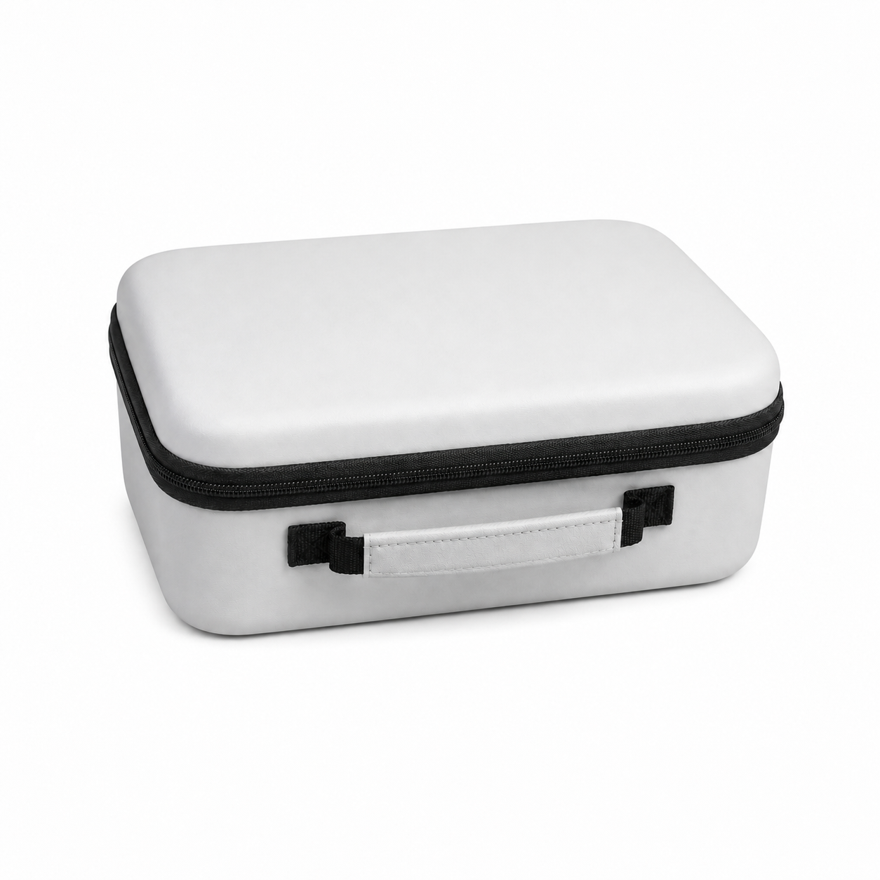 White protective carrying case with a black zipper and carry handle