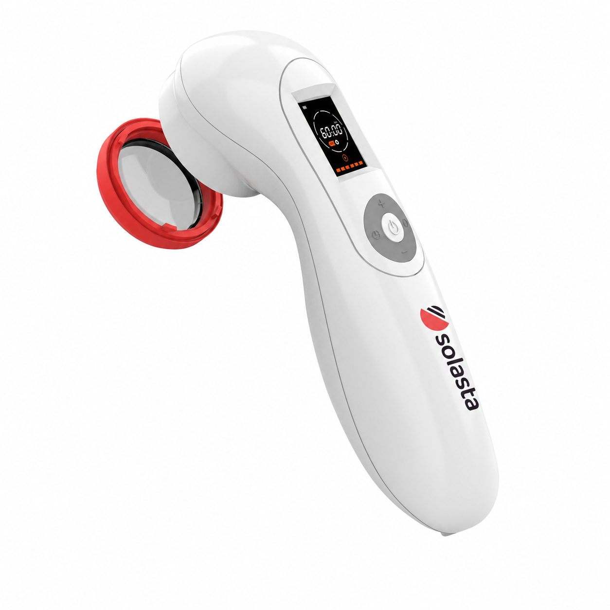 Angled view of the Solasta handheld laser showing its display, logo, and control buttons beside the detached treatment dome