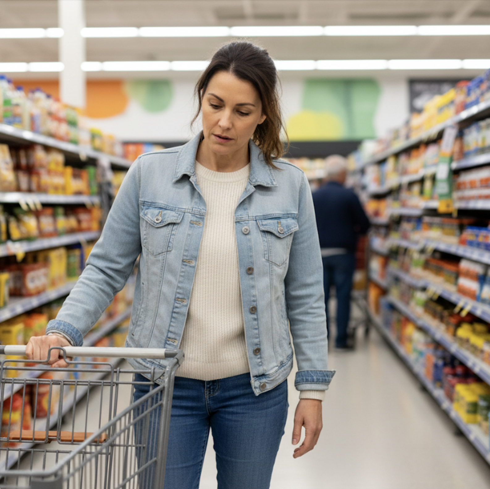 Woman pausing beside her shopping trolley in a supermarket