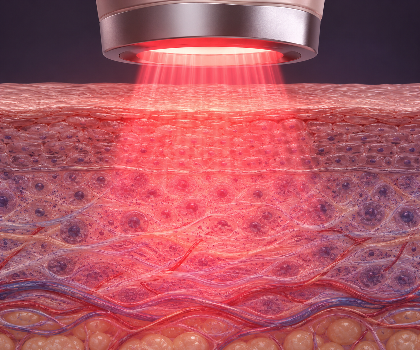 Red light from a therapy device reaching layers of tissue